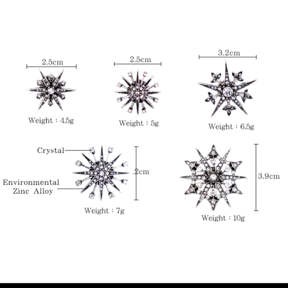 ♥️SOLD ❤️NWT Vintage Style FIVE Snowflakes Stars Crystal & metal pins - Picture 4 of 11